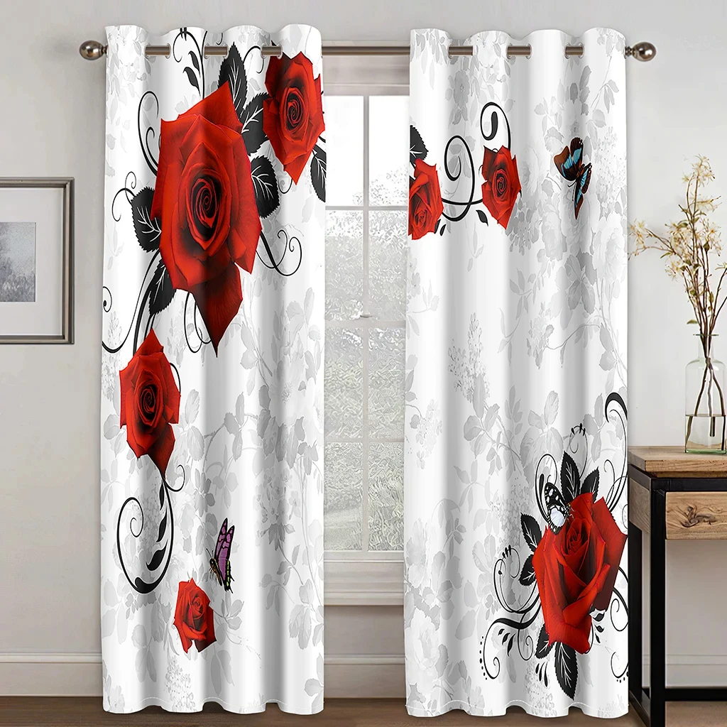 Modern Valentine\'s Day Rose Red Flowers Curtains For Lovers Bedroom Window Curtain For Living Room Curtains Drapes 2Panels