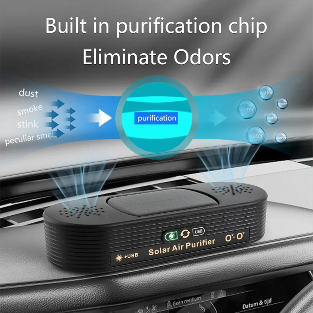 Solar USB Car Air Purifier Auto-Switch Power Safe Ozone Ion Tech Dual-mode Vehicle-mounted Ion Active Oxygen Dual-core Purifier