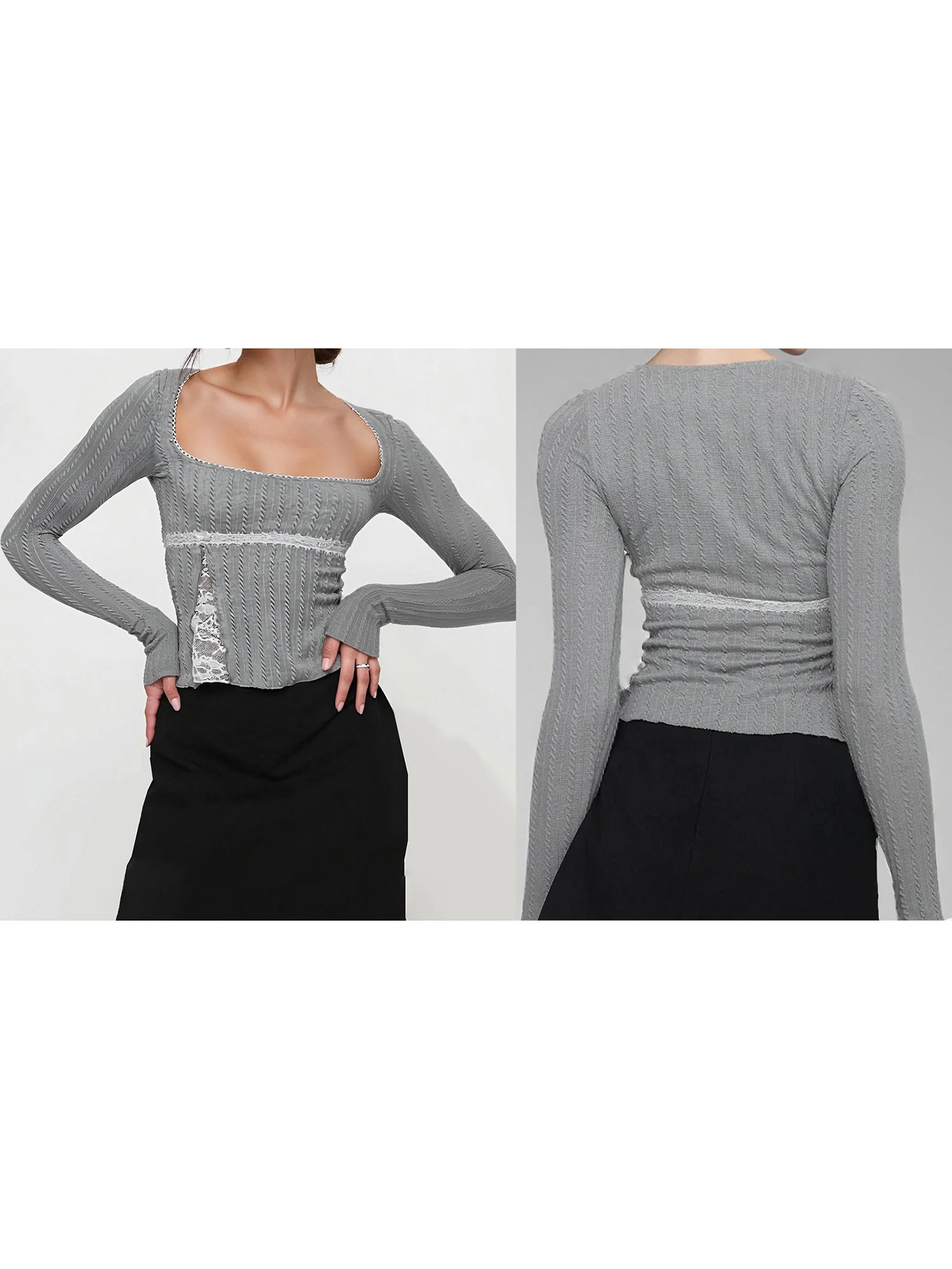 Hauts élégants en dentelle pour femmes, chemisiers élégants à manches longues et col rond avec Design de couleur unie pour une mode ajustée