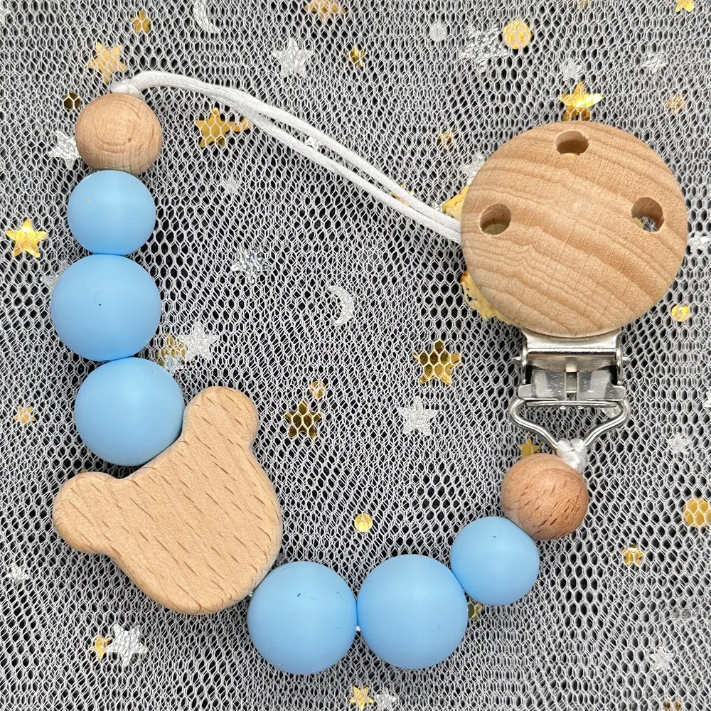 Bébé nom personnalisé perles de Silicone anneau en bois attache-sucette tête de souris en silice chaînes de dentition anneau de dentition Dummys hêtre Clips supports