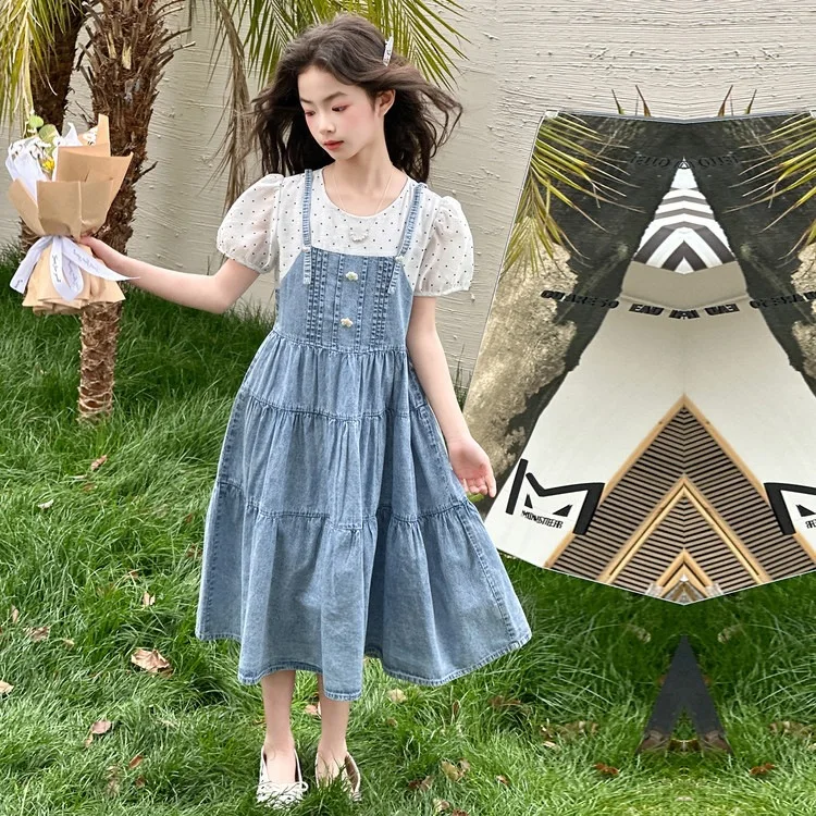 Girls Puff Sleeve Top Denim Strapless Dress Set 2026 Summer New Middle Big Kids French Long Dress Two Piece Set