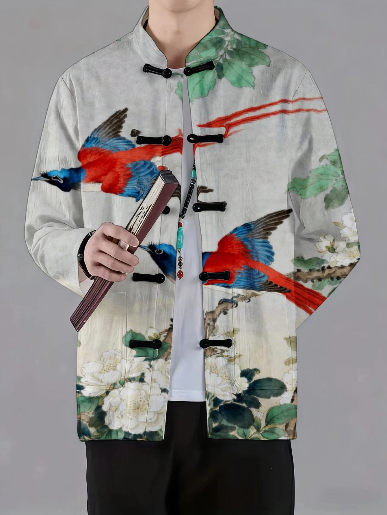 Men Mandarin Collar Frog Button Long Sleeve Jacket Traditional Chinese Bird Landscape Art Print Oriental Casual Outerwear