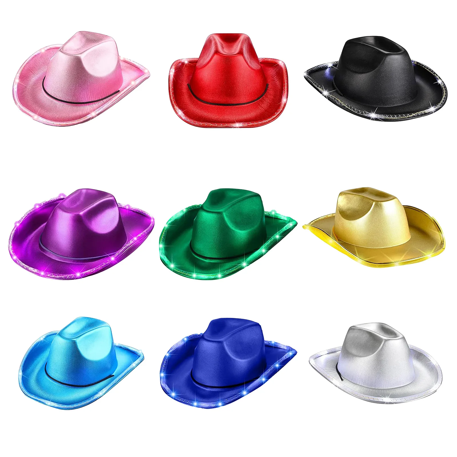 1 szt. Unisex Damski Męski Kapelusz Kowbojski z Szerokim Rondem, Halloweenowy, Złocony, Świecący, Stylowy Dodatek do Kostiumu, Akcesorium na Imprezę