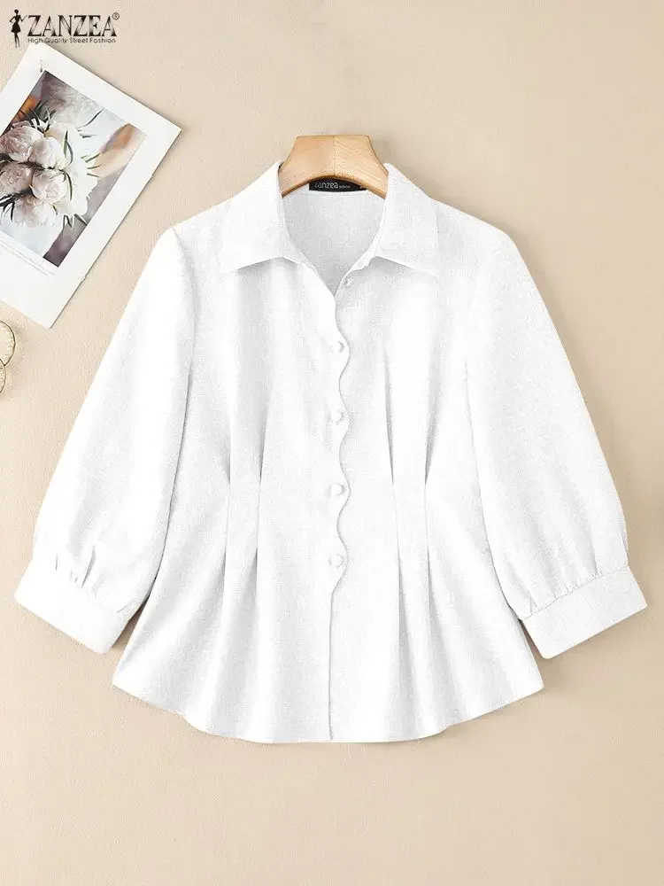

ZANZEA женские рубашки с волнистым волнистым воротником, осень 2022, элегантная шикарная однотонная рубашка с рукавами-фонариками 3/4 и отложным воротником на пуговицах