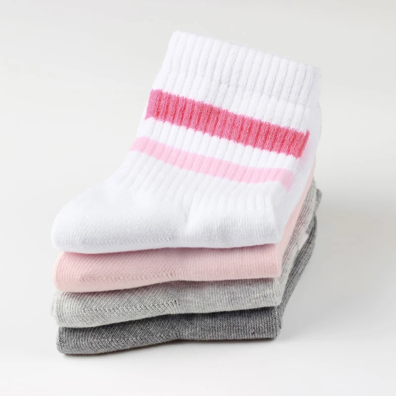 4 pairs long pink, white and grey girls' sports socks,  a retro striped heart pattern.  kid's socks suitable for all seasons. image 5