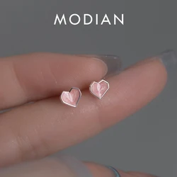 Modian Minimalism Pink Enamel Hearts Rose Gold Color Stud Earrings 925 Sterling Silver Romantic Cute Ear Studs For Women Jewelry