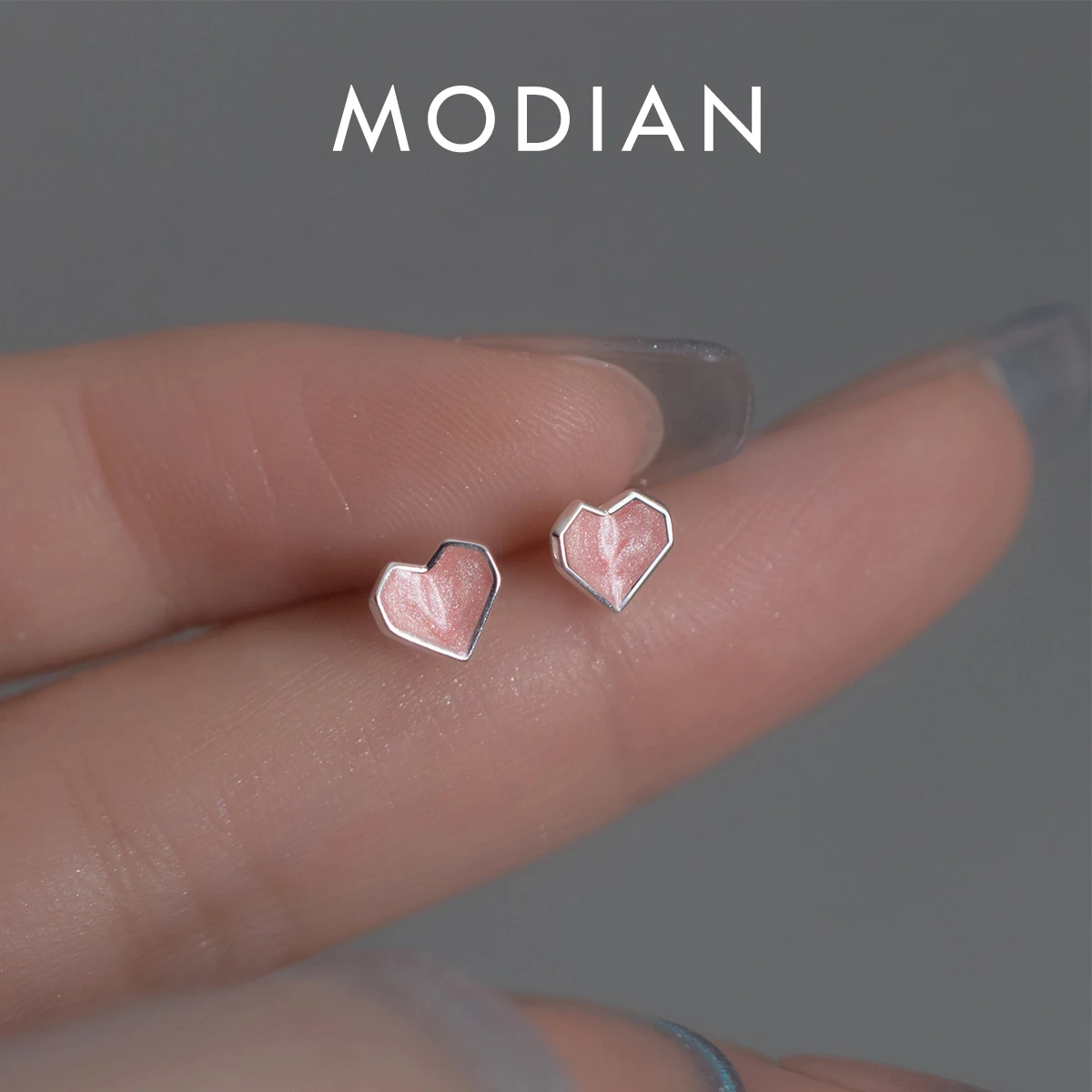 Modian Minimalizm Różowe emaliowane serca Kolczyki sztyfty w kolorze różowego złota 925 Sterling Silver Romantyczne urocze kolczyki do uszu dla kobiet Biżuteria