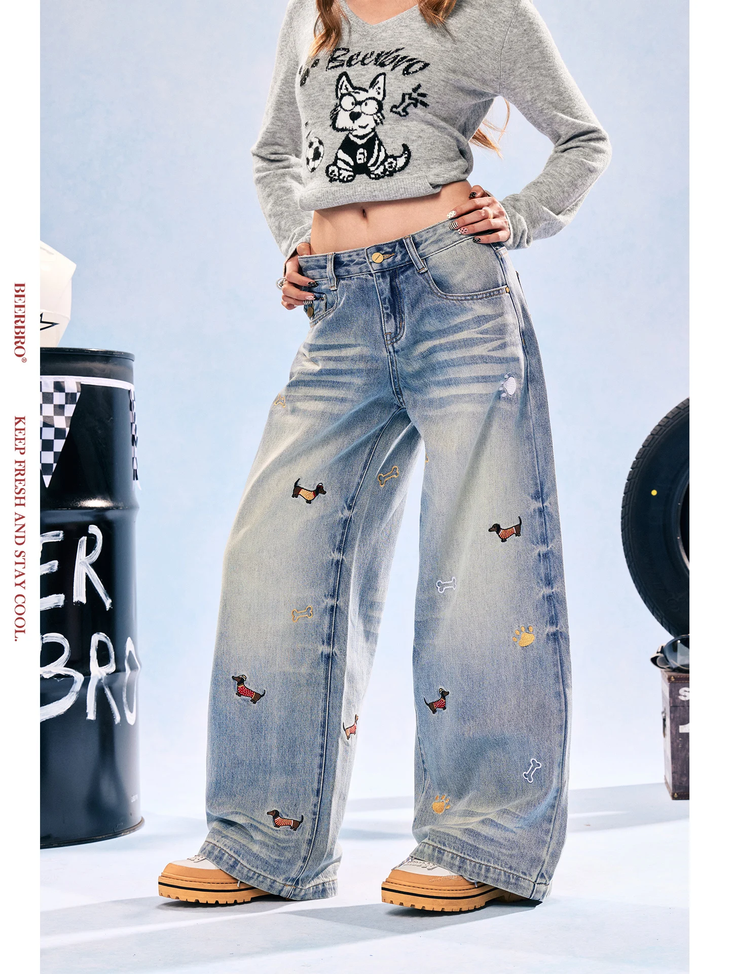 

BeerBro Speed Pulse Classic Slimming Pet Embroidery Straight Leg Jeans Women's Loose Fit Low Waist Cotton Blend Denim