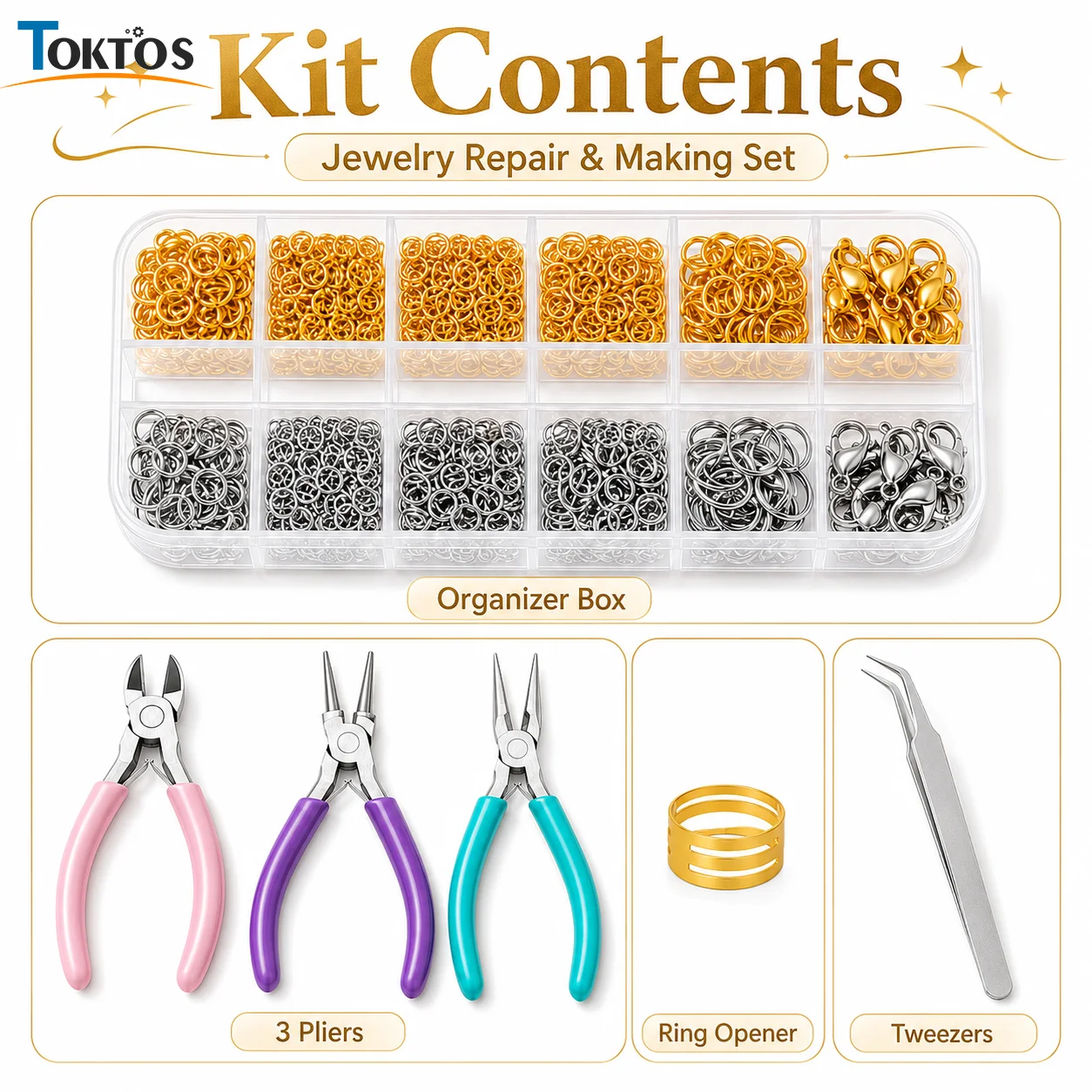 TOKTOS 6PCS Jewelry Making Repair Tool Kit Jump Rings Organizer Box Needle Nose Pliers Wire Cutter Ring Opener Tweezers