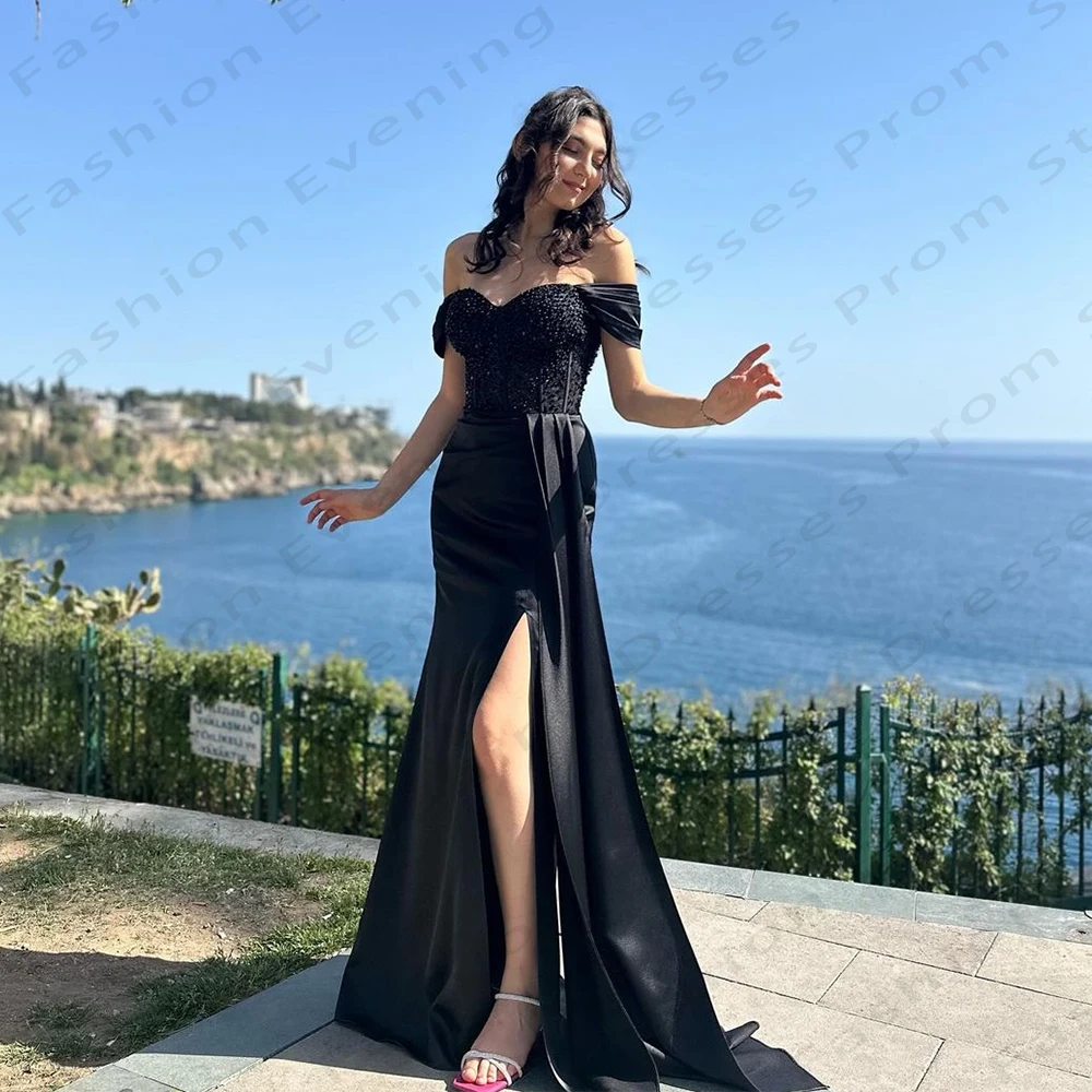 Prachtige Zwarte Dames Avondjurken Sexy Kant Hoge Split Off Shoulder Prinses Prom Jurken Formele Strand Cocktail Party Jurk 2024