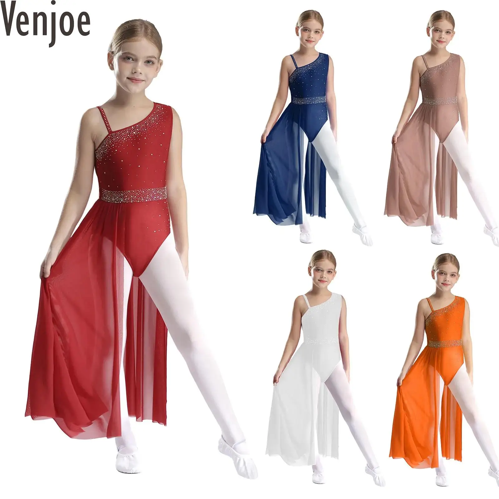 여아용 서정적 댄스 레오타드 원피스 반짝이 라인스톤, 비대칭 어깨 민소매 쉬어 메쉬 스커트 댄스웨어