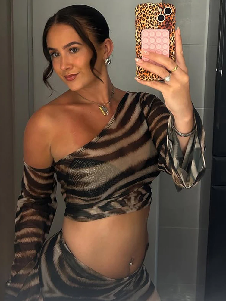 

InGrily Sexy Zebra Print 2 Piece Set Women Sexy Y2K Skew Collar Crop Tops+Long Skirts Vacation Matching Clubwear Stretch Outfits
