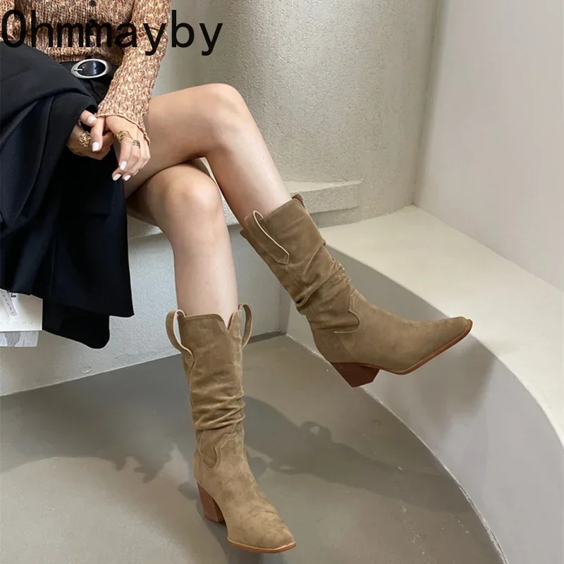 Vintage Suede Women Western Cowgirl Boots Fashion Slip On Shoes Autumn Winter Thick Heel Ladies Mid Calf Booties