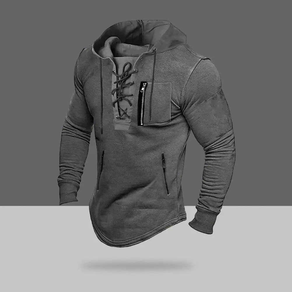 Comprimento médio Drawstring Hoodie masculino com bolsos com zíper, Streetwear respirável macio, leve, outono