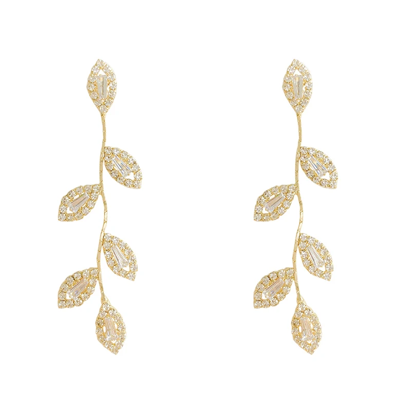 Luxury Rhinestone Crystal Leaves Long Tassel Earrings for Women Bridal Dangling Party Wedding Jewelry Micro Inlaid Cubic Zircon