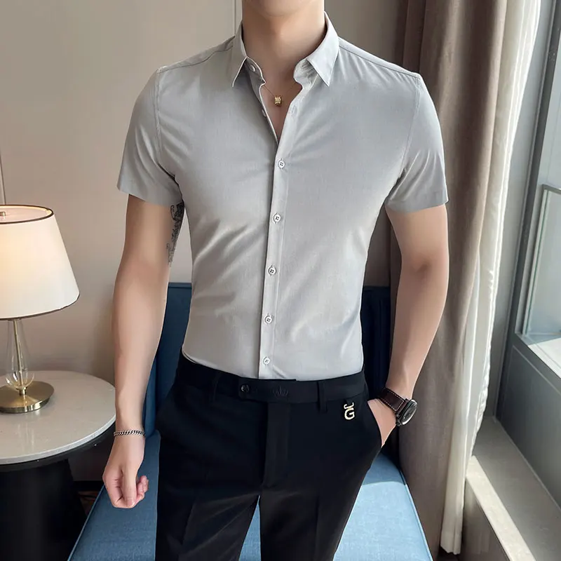 

New Summer Men's Fashion Business Casual Slim-fit All-in-one Solid Color Korean Version Mid-sleeve Five-and-a-half-sleeve Shirt