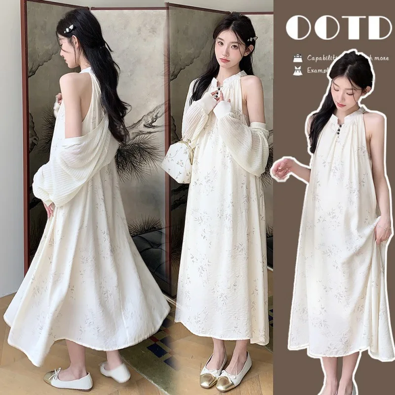 

2025 Pregnant Summer Dress Set Fashion Western Style Strap Dress Long Sleeve Temperament Cardigan Two Piece Set