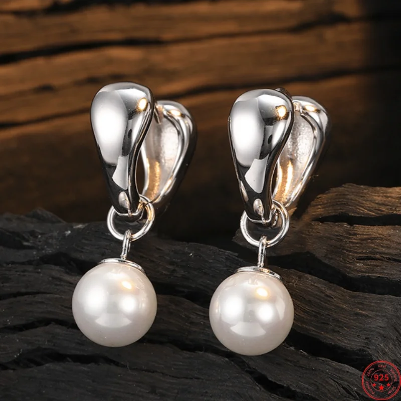 S925 Sterling Silver Earrings for Women New Fashion Smooth Surface Circular Inlaid Freshwater Pearl Jewelry Free Shipping