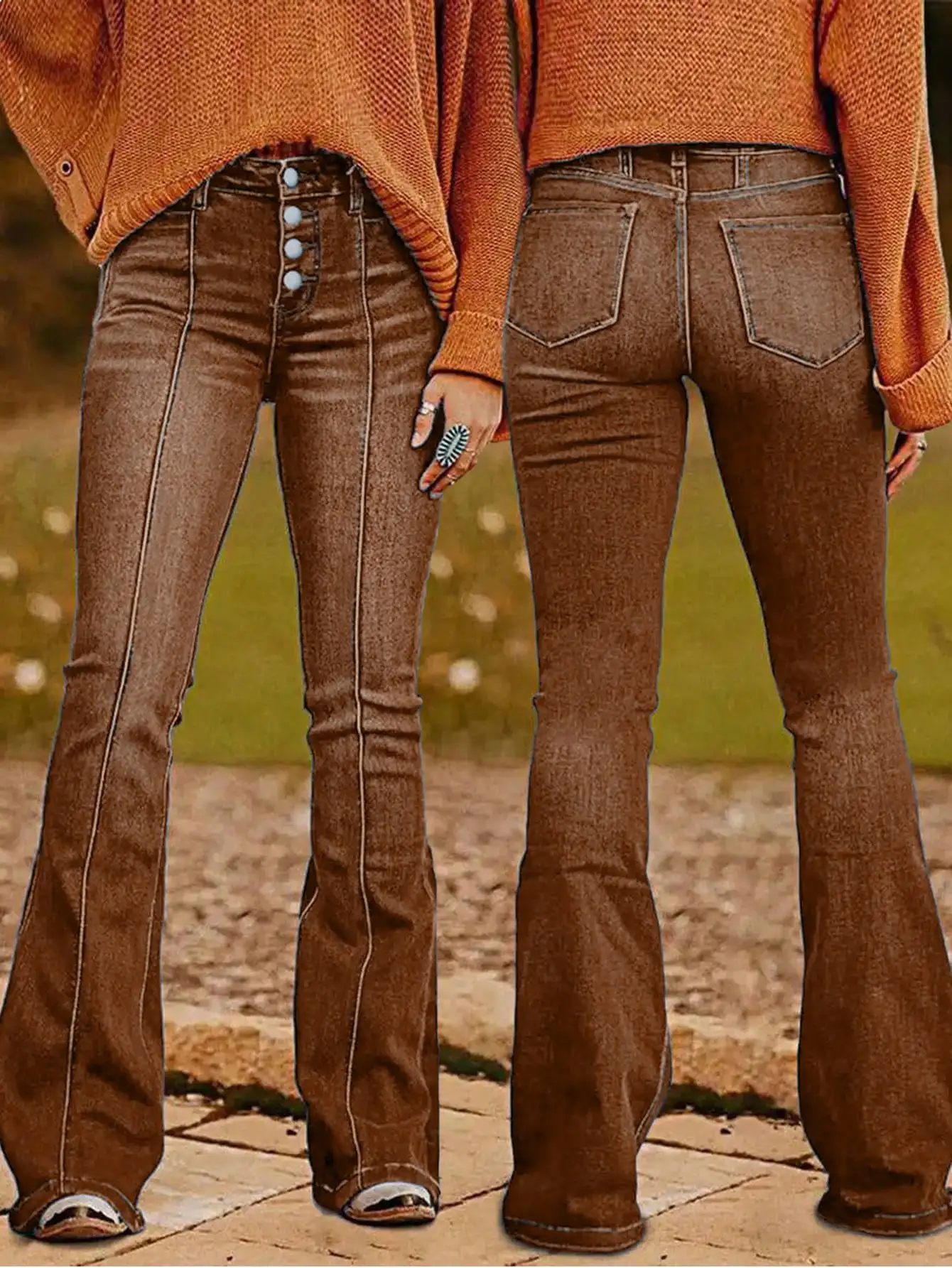 

Brown Ladies Denim Jeans with Multiple Buttons Flared Design for Women