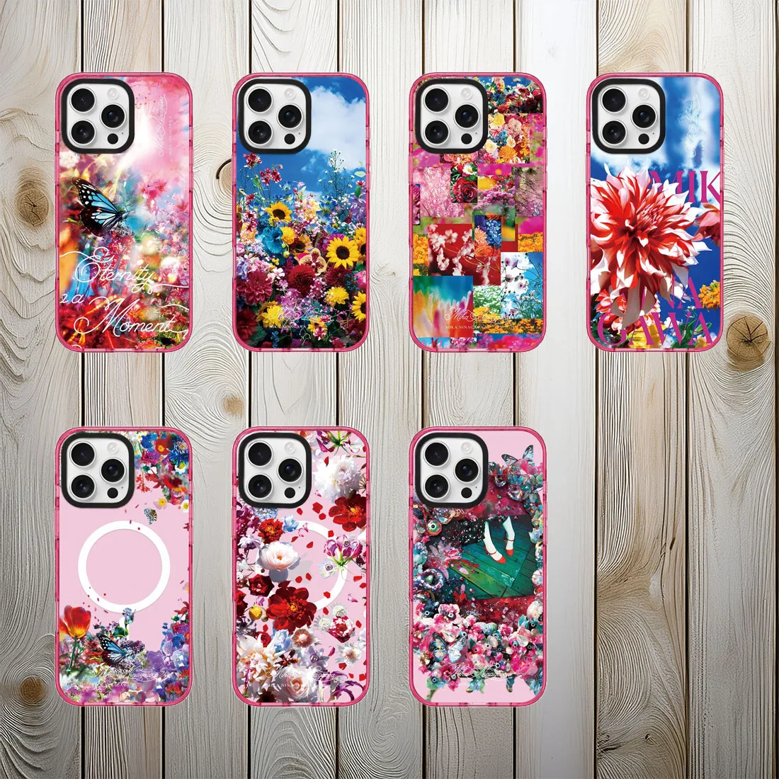 

Flower Painting Pink Glitters Border Magnetic Phone Case for IPhone 16 ~ 12 Pro Max Cover