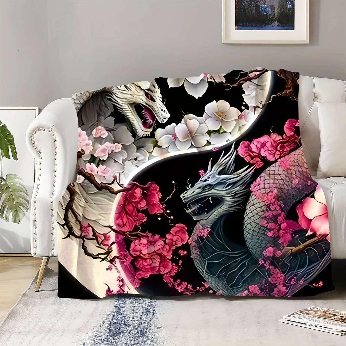 Luxury Yin Yang Dragon Snake Floral Print Throw Blanket Cozy Fleece Winter Decor Boho Mythical Art Gift Plush Wrap