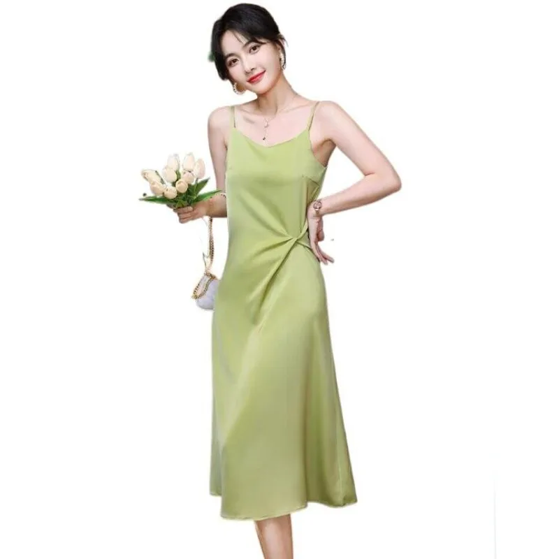 

Summer Acetate satin Dress Spaghetti Straps V-Neck Backless Long Dresses For Women Party Sexy Vestidos Sundress Avocado Green