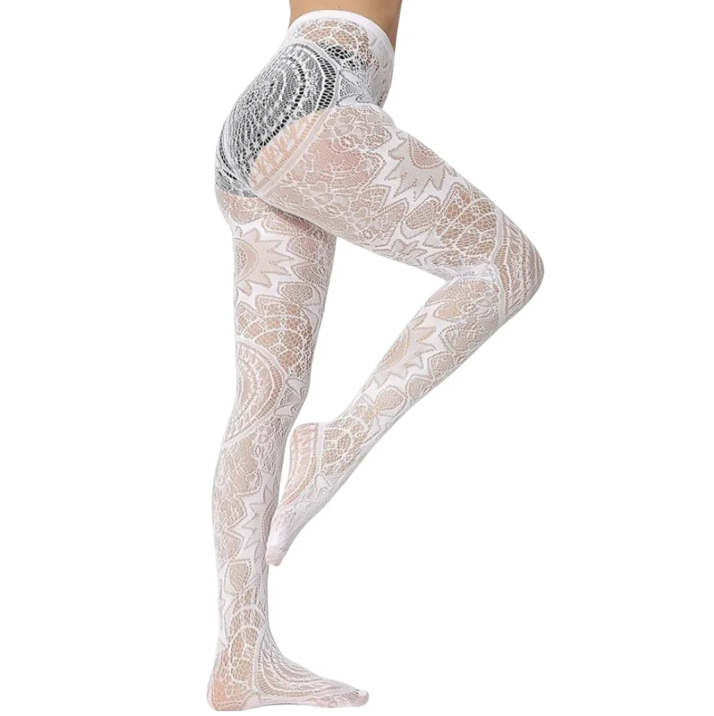 

XIANGSHANGIRL White Pantyhose Retro Jacquard Legging Fishnet Breathable Socks Sexy High Waist Tights for Women