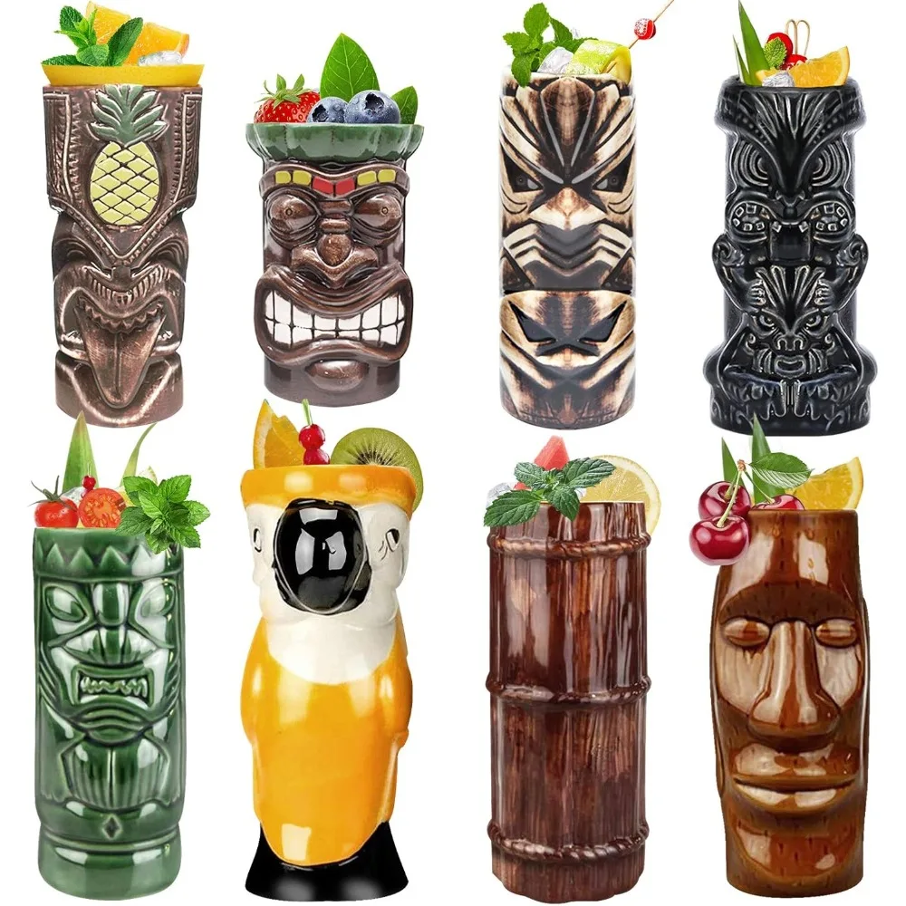

Коктейльные кружки из 8-х керамических кружек TIKI, милые экзотические коктейльные бокалы для гавайской вечеринки, кружка TIKI в гавайском стиле, стекло