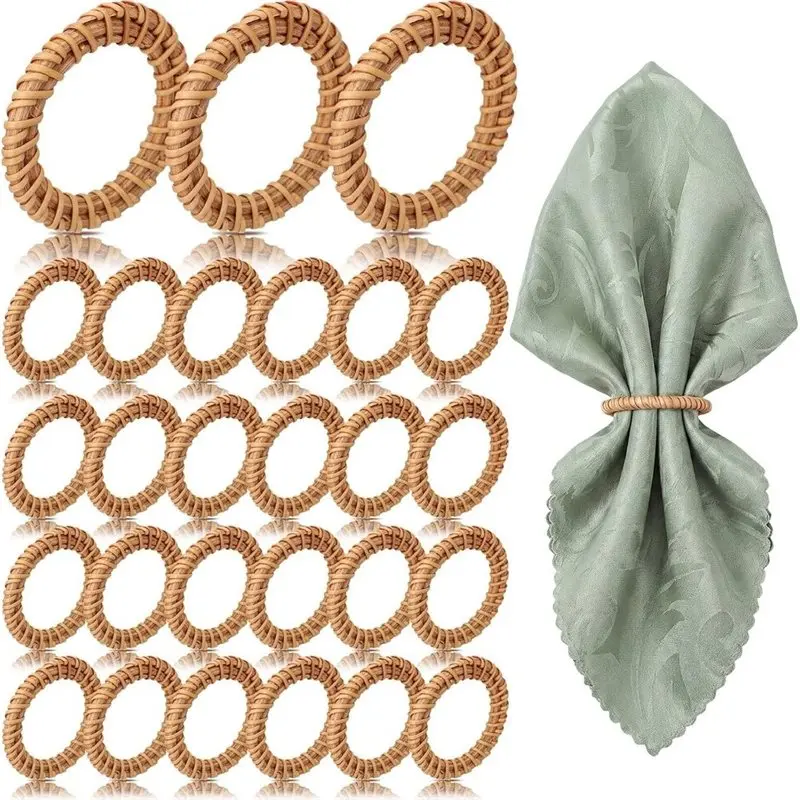 PORK-Bulk 50Pcs Boho Woven Rattan Napkin Rings Rustic Style Round Dining Table Holders For Banquet, Home Wedding For
