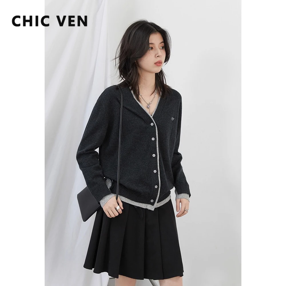 

Женские кардиганы CHIC VEN, корейские повседневные контрастные однобортные шерстяные свитера с v-образным вырезом, женские вязаные пальто, осень-зима 2025