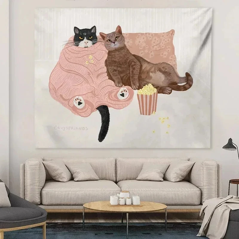 VIKAMA Funny Cat Tapestry, Cozy Cats with Popcorn Watching Movie Wall Art Hanging for Aesthetic Room Decor