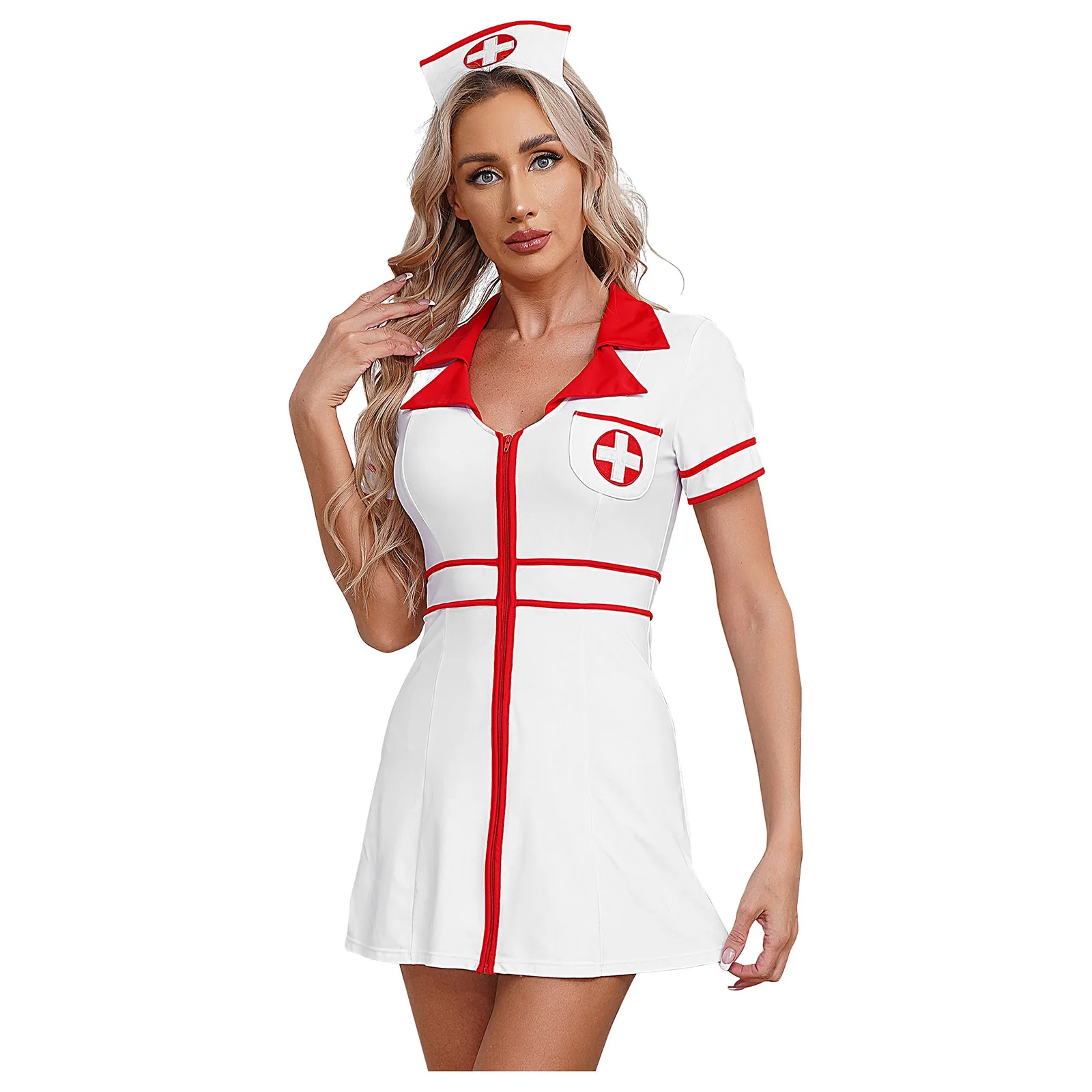 Womens Nurse Uniform Halloween Cosplay Outfit Nurse Role Play Games Costumes Short Sleeve Front Zipper Cross Dress with Headwear