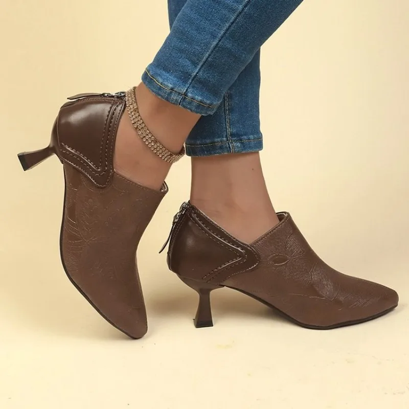 2023 Autumn Women Ankle Boots Elegant Brown Suede Short Mixed Leather Iron Thin High Heels Black