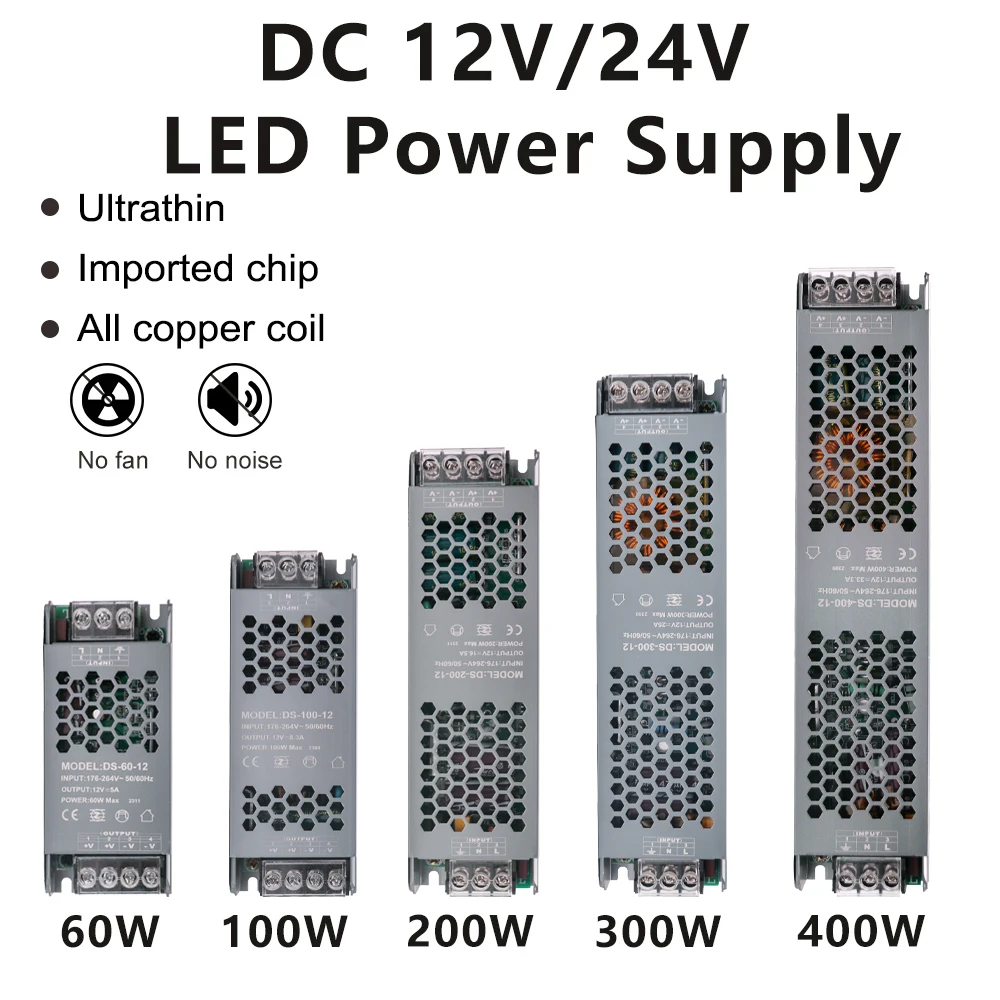 

Mute Lighting Transformers DC 12V 24V 60W 100W 200W 300W 400W Ultra Thin LED Power Supply A/D Converter Driver For LED Strips