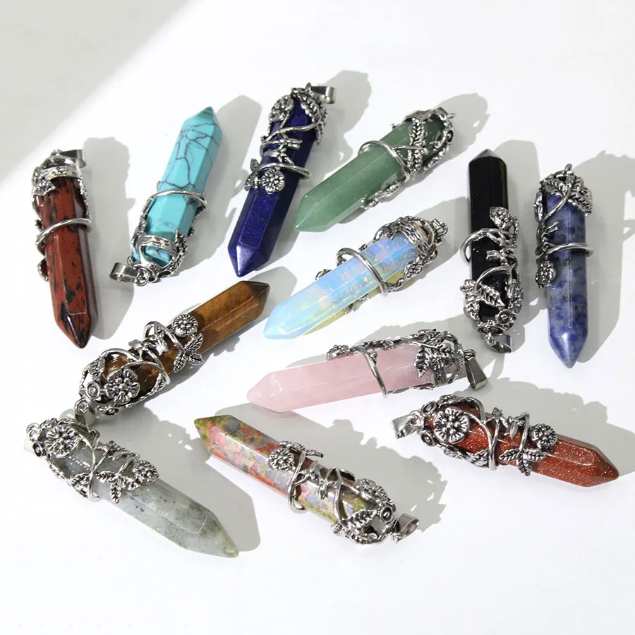 6 خمر سبائك زهر البرقوق الحجر الطبيعي سداسية العمود المعلقات DIY بها بنفسك شقرا مجوهرات و البندول اكسسوارات بالجملة