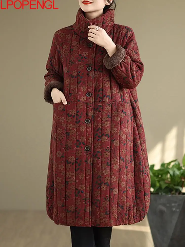 Women Ethnic Style Winter New Long Sleeves Loose Cotton Jacket Velvet Casual Floral Warm Loose Medium Length Stand Collar Coat