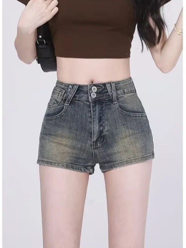 

Женские утягивающие шорты из американского денима в стиле ретро, эластичные облегающие хлопковые эластичные джинсы большого размера с запахом