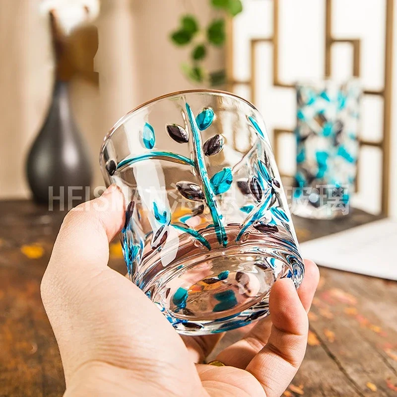 1pcs Creative Hand-painted Branches Crystal Glasses Carved Water Cups Ins Embossed Colored Leaf Cup Simple Juice Cups