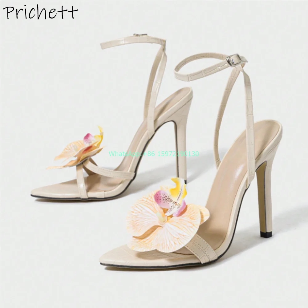 Elegant Cream Orchid Sandals Pointy Toe Thin Heels Ankle Band Solid Belt Shoes Luxury Street Photo Sweet Lovely Stiletto Shoes