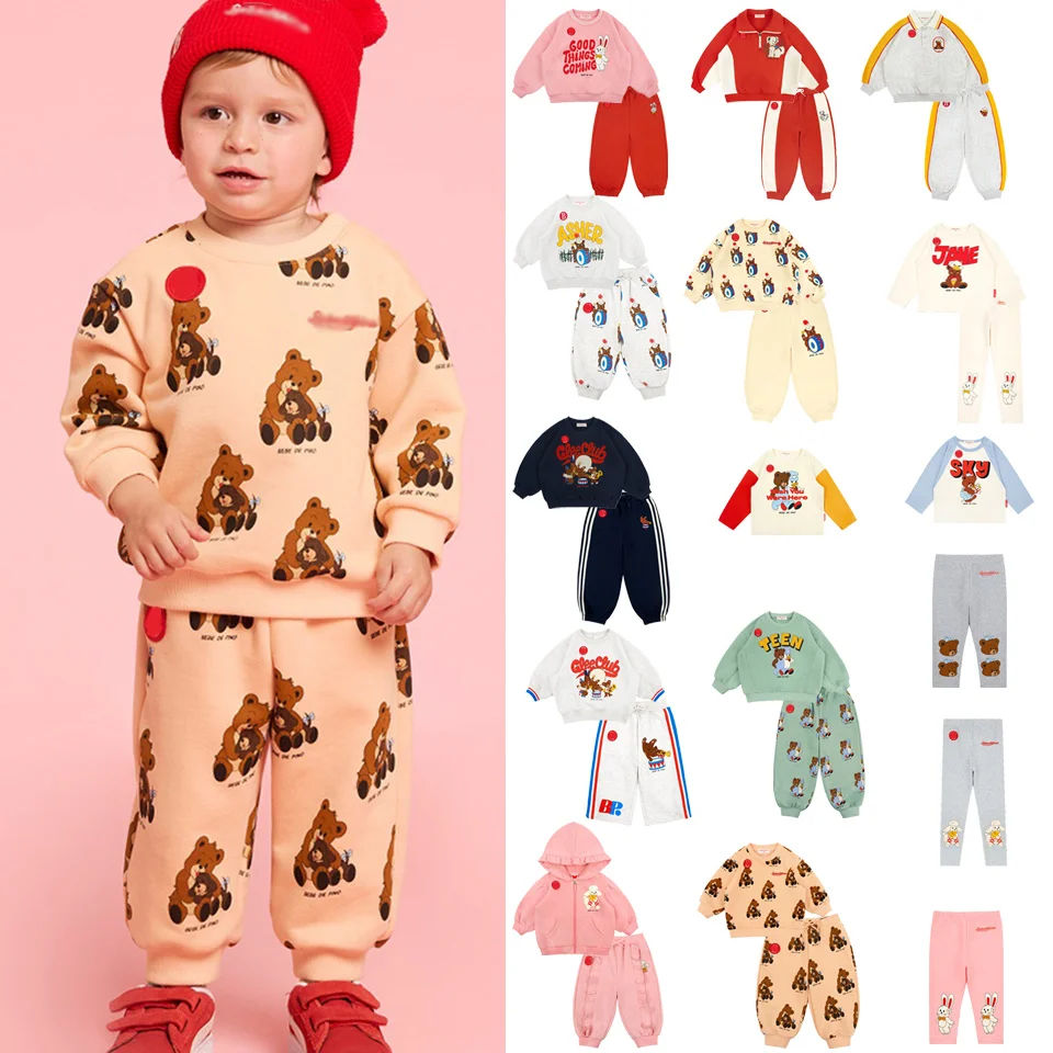 25 Kids Rabbit Bear Print Cotton Long Sleeve Set Round Neck Soft Comfortable 2-9Y
