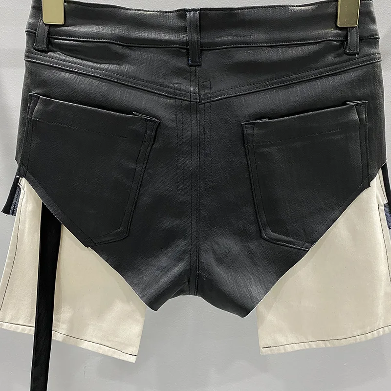 Women's Ultra Short Coated Denim Triangle Big Pockets Sexy Ladies Short Pants Black