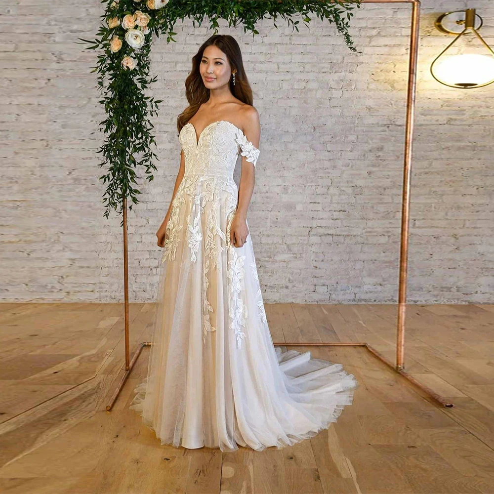 

Customized Tulle A Line Wedding Dress for Women Lace Appliques Long Bridal Gown Off The Shoulder Vestido De Novia 2025