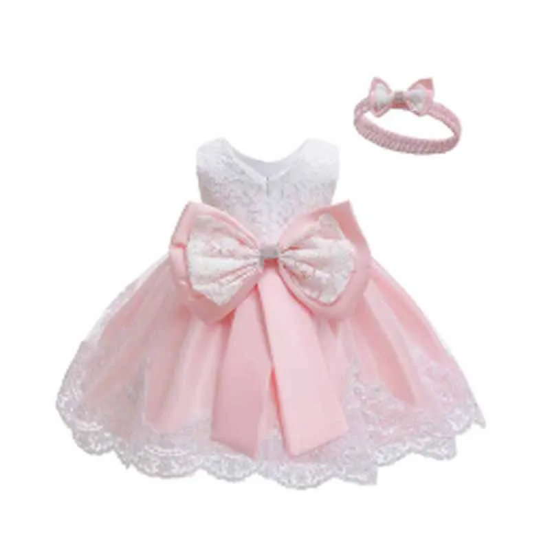 2024 Baby Girls Princess Dress Hairband 2Pcs Elegant Bow Toddler Girl 1 Years Birthday Party Lace Ball Gown Vestidos Kids Dresse