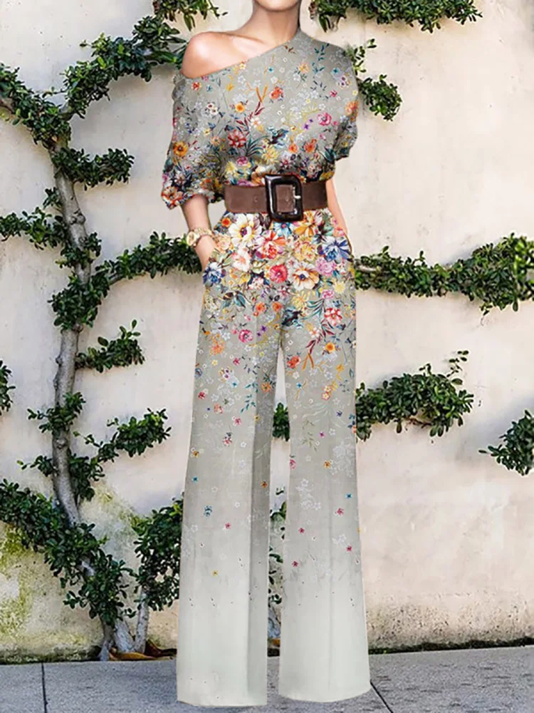 

Women Elegant Office Lady Loose Wide Leg Pants Bodysuits Skew Collar Floral Printing Sweet Ladies Jumpsuits Fashion Streetwear