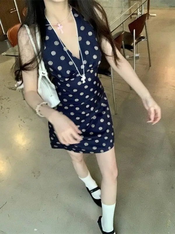 Blue V-neck Short Dress Women's Halter Neck Gown Waist-cinching Skirt Commute Style High Waist Print Casual Zipper Closure