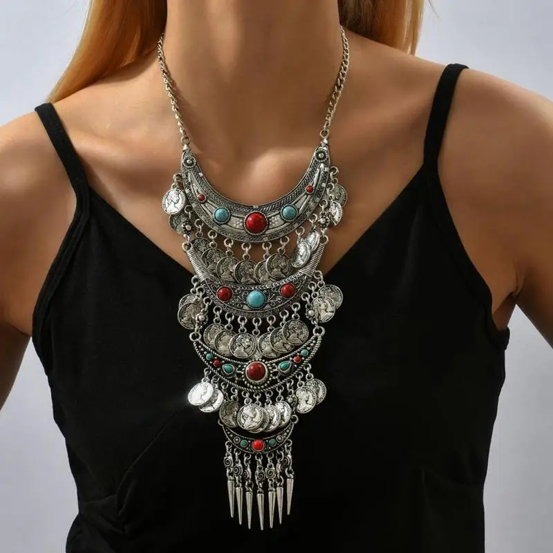 Fashion Colorful Boho Vintage Collares Maxi Statement Necklace Collier Femme Long Bohemian Coin Tassel Mutli-Layer Necklace