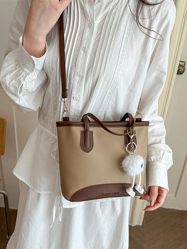 Fashionable Bucket Bag Women's Crossbody Handbag Contrast Color Summer New Style Casual Simple Style Soft Leather Handbag