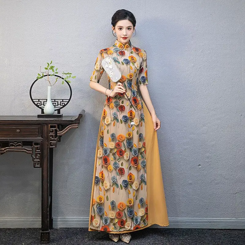 

Vietnam Traditional Dress Ao Dai National Flower Print Cheongsam Oriental Improved Qipao Party Banquet Evening a-line Dress