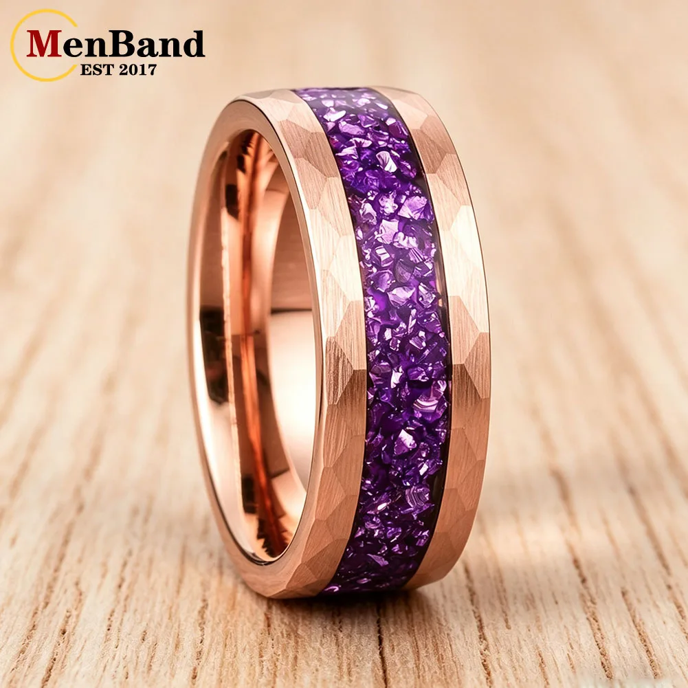 Dropshipping 4MM 8MM Hammered Men and Women Wedding Ring Inlaid Purple Glass Stone，Couple's Ring, Engagement Party Jewelry Gift