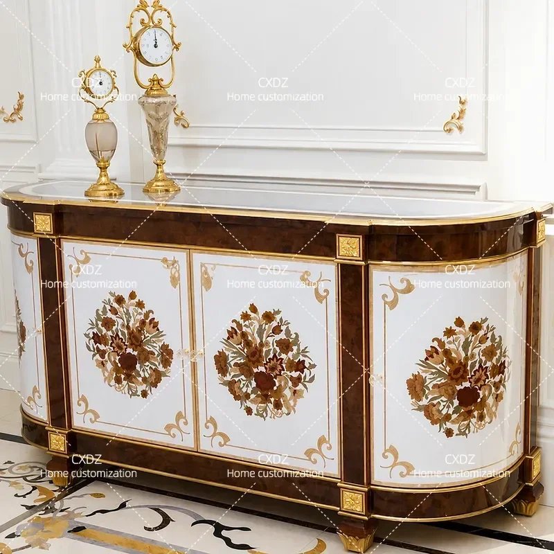 European solid wood carving flower entrance cabinet French luxury villa living room decoration cabinet household shell